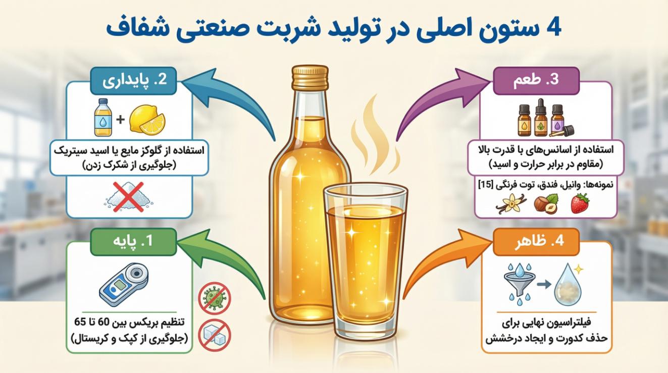 اینفوگرافی مراحل تولید سیروپ و جلوگیری از شکرک زدن.